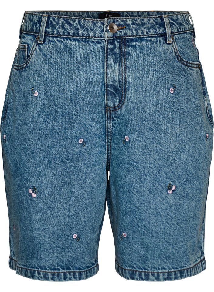 Hoch taillierte Denimshorts mit bestickten Motiven, Blau, Packshot image number 0