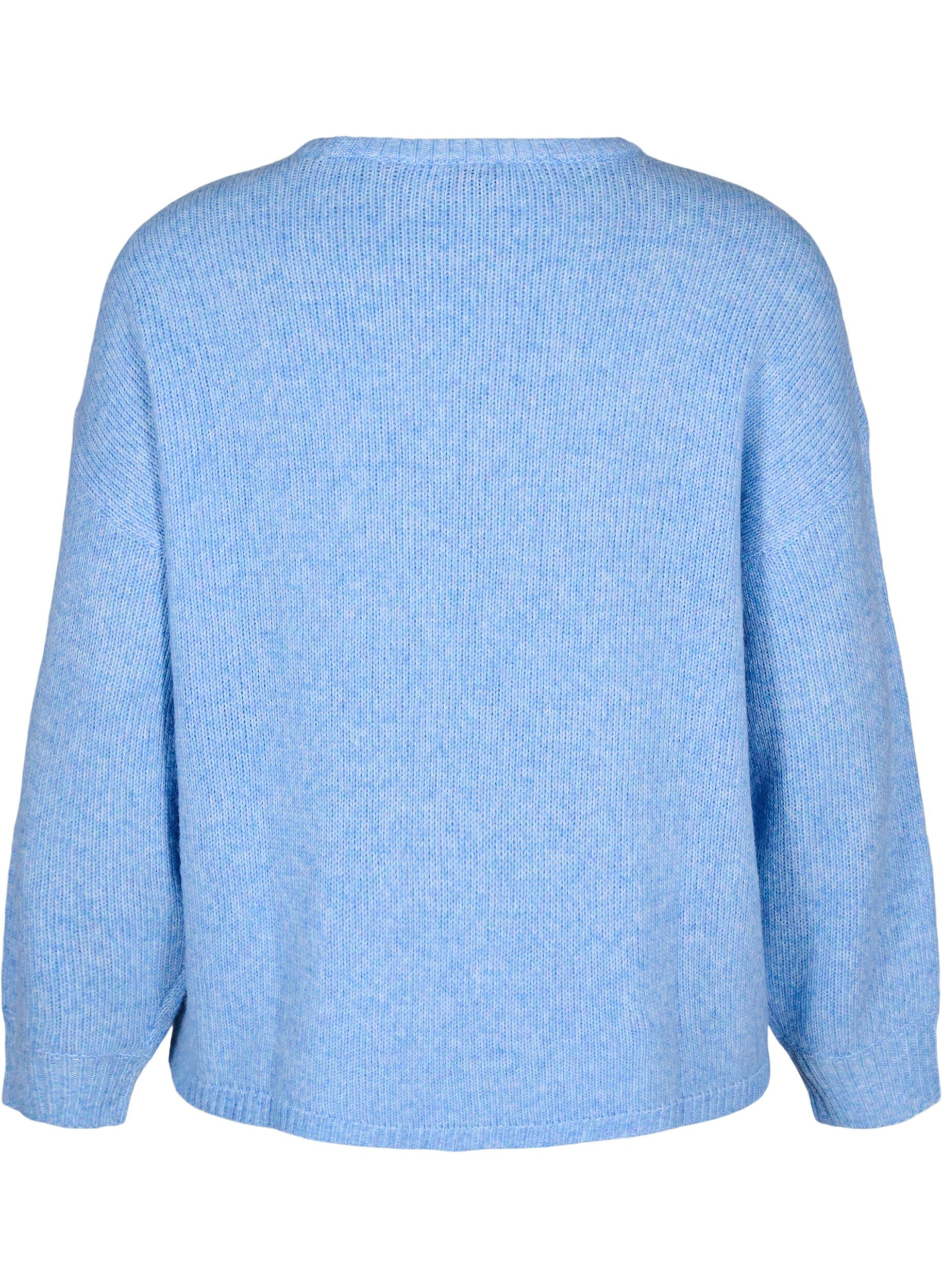 Zizzi Lang&auml;rmliger Strickpullover mit Wollanteil und Rundhalsausschnitt, Della R. Blue Mel., Packshot image number 1