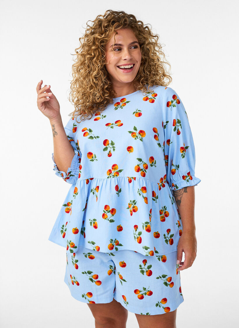 Shorts aus Baumwolle mit Tomaten-Print und hoher Taille, Blau, Model image number 3