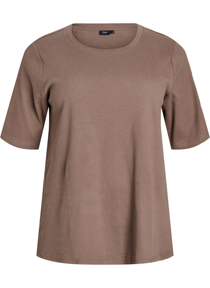 Bluse aus geripptem Jersey mit kurzen &Auml;rmeln, Braun, Packshot image number 0