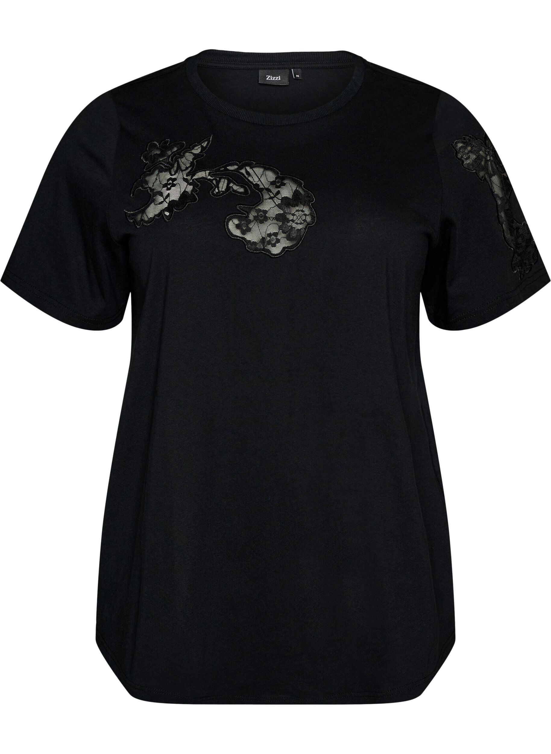 ZizziT-Shirt aus Baumwolle mit Spitzenapplikationen, Schwarz, Packshot image number 0