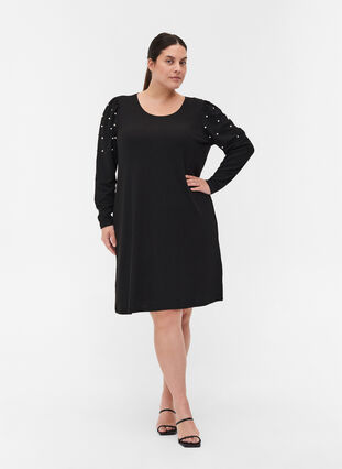 Kleid mit langen Puffärmeln und Perlen, Black, Model image number 2