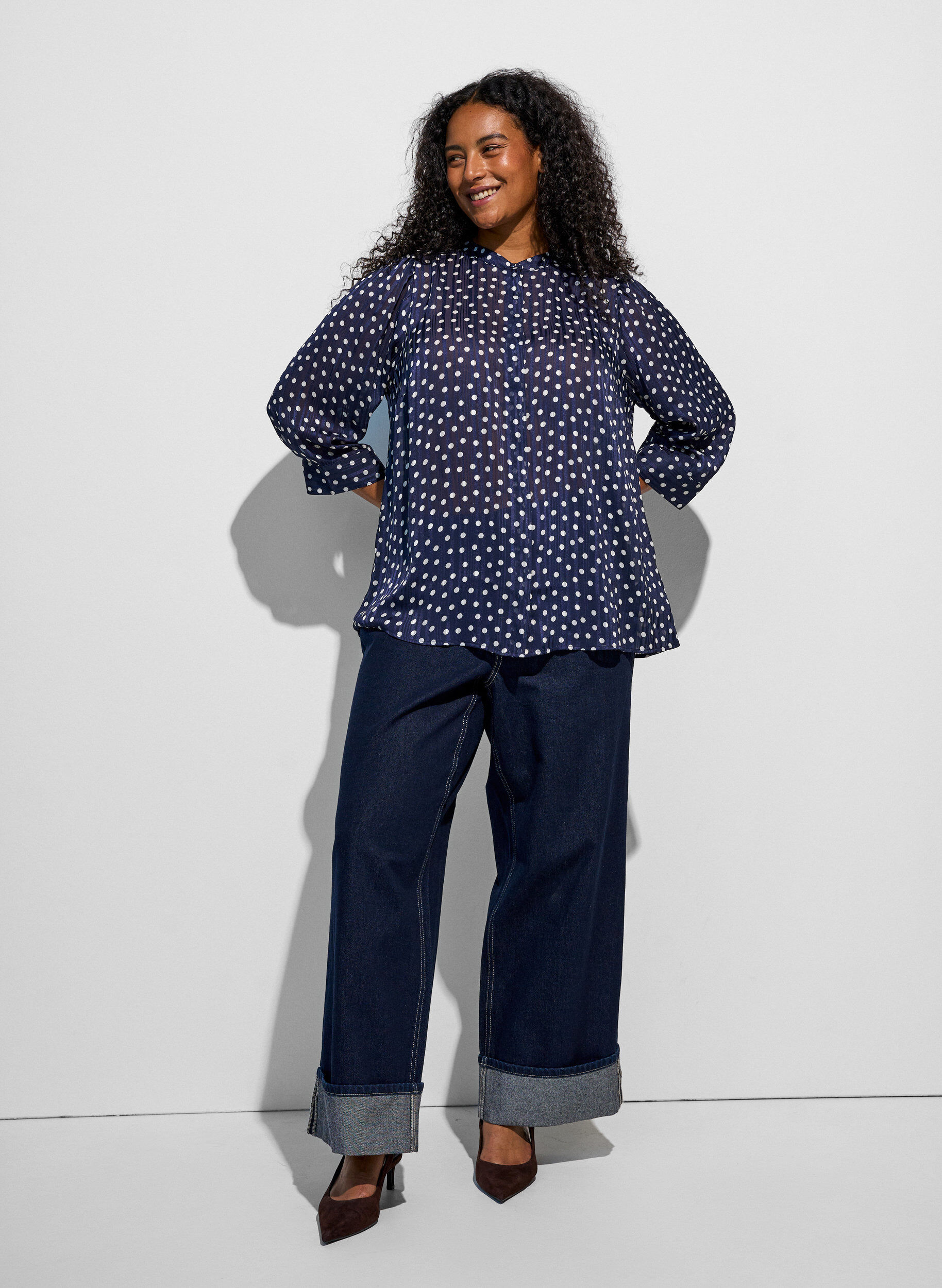 ZizziGemusterte Bluse mit Stehkragen und 3/4-&Auml;rmeln, Blau, Model image number 1