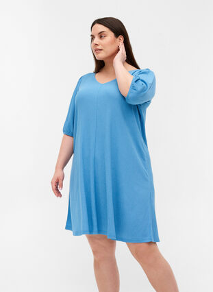Kleid mit Puffärmeln und V-Ausschnitt, Azure Blue, Model image number 0