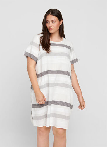 Gestreiftes Kleid mit kurzen Ärmel, White Stripe, Model image number 0