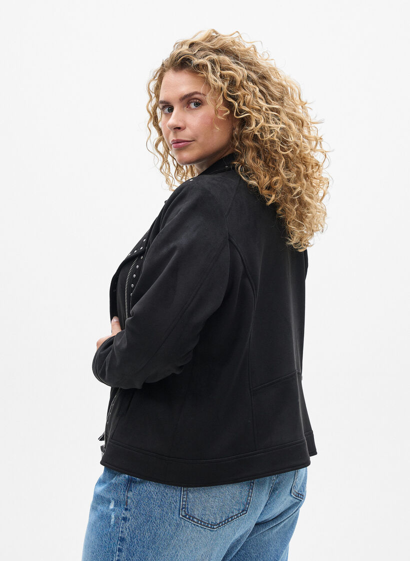 Bikerjacke aus Wildlederimitat mit Nieten, Schwarz, Model image number 2