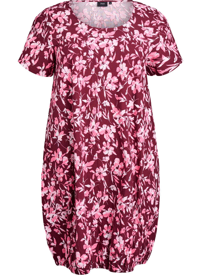 Kurz&auml;rmliges Baumwollkleid mit Aufdruck, Dunkles Bordeaux, Packshot image number 0