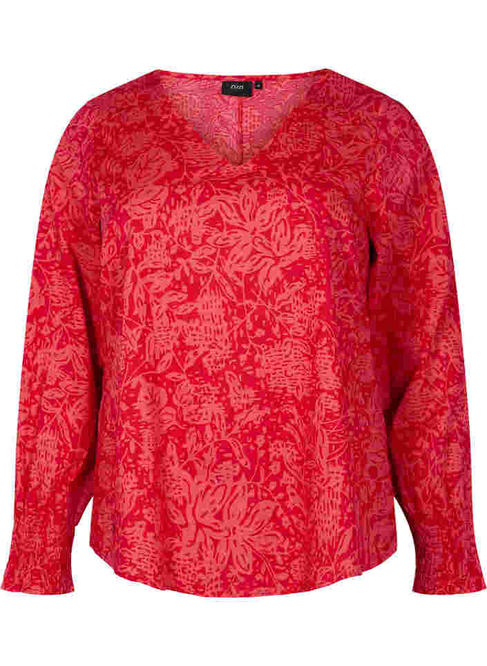 Bluse mit V-Ausschnitt und Smoking, Ribbon Red AOP, Packshot image number 0