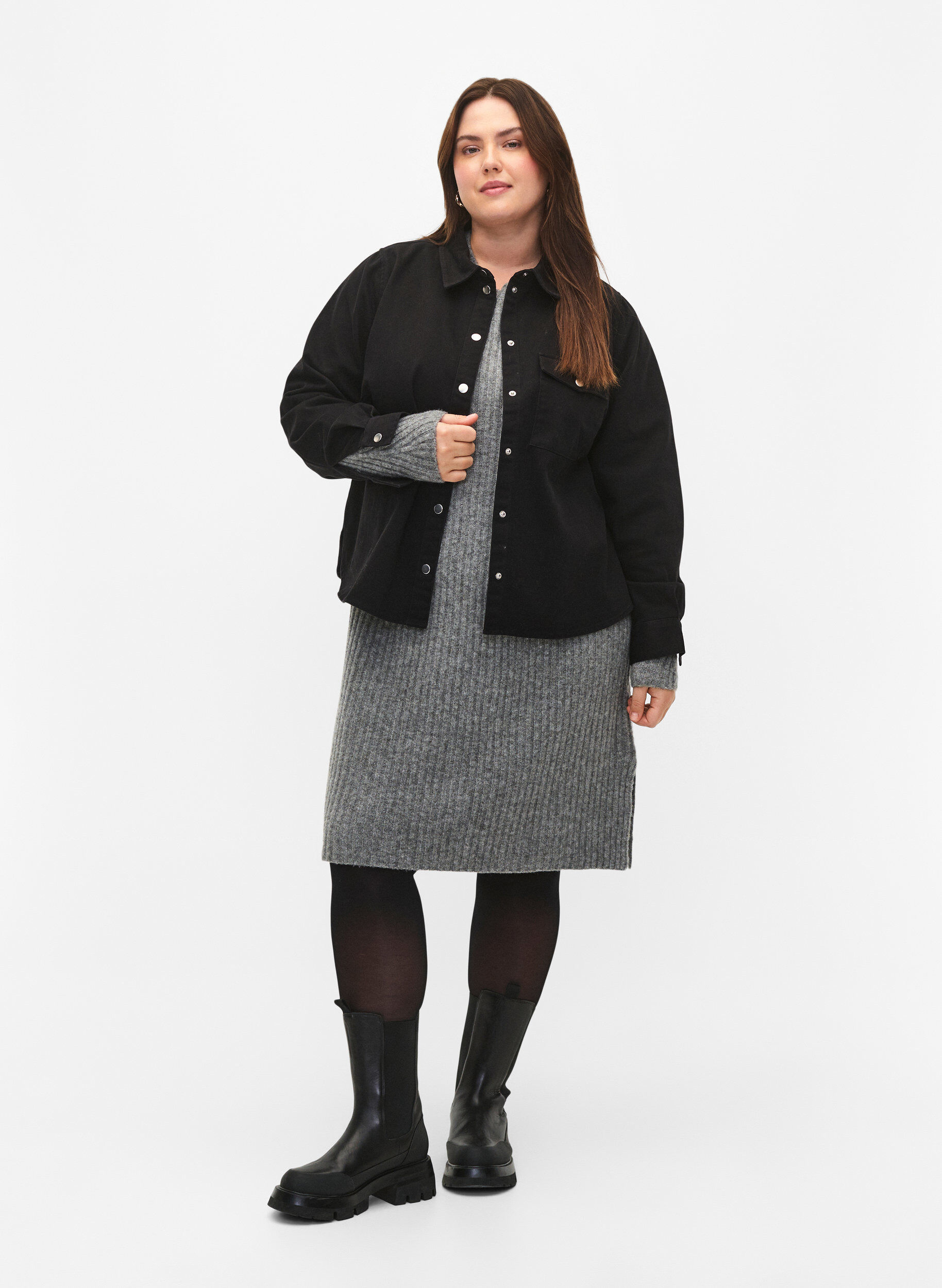Zizzi Canvas-Jacke mit Kn&ouml;pfen, Black, Model image number 2