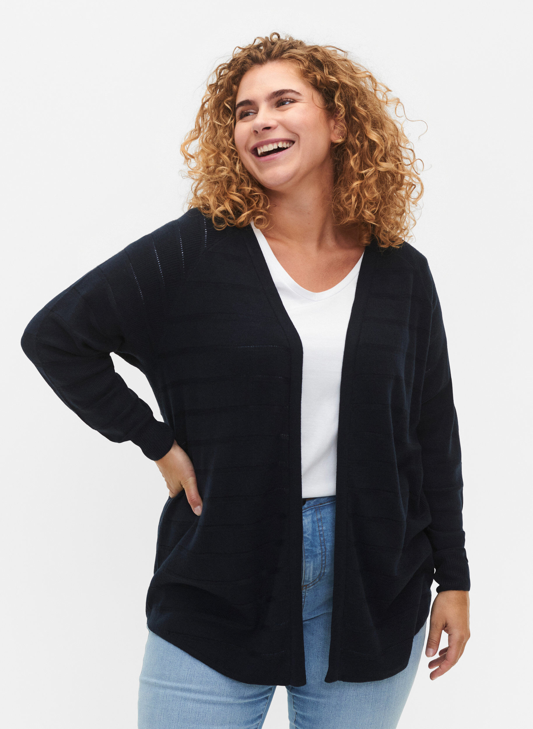 Zizzi Streifen Ton-in-Ton Strickjacke, Navy Blazer, Model image number 0
