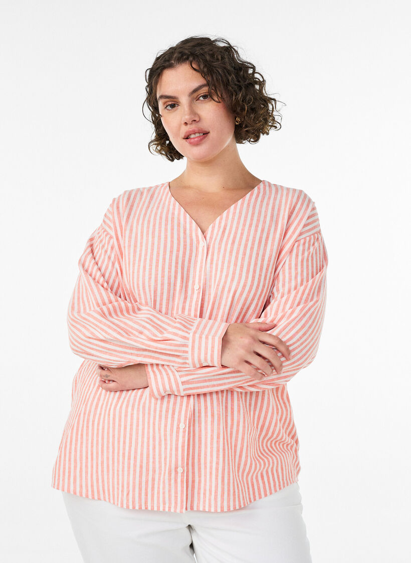 Bluse aus Leinen und Viskose mit V-Ausschnitt, Orange, Model image number 0