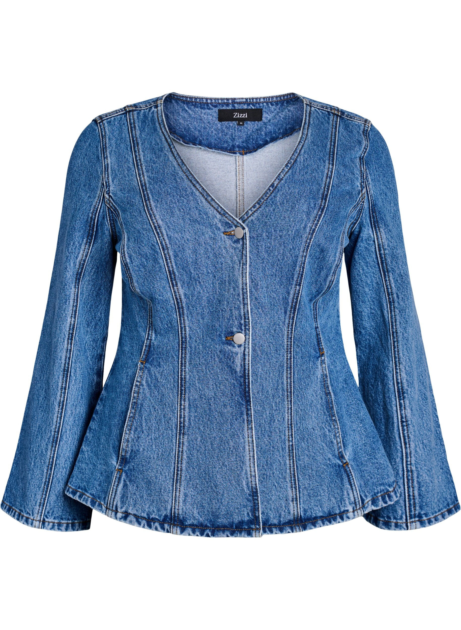 Zizzi Jeansjacke mit formgebenden N&auml;hten und V-Ausschnitt, Blau, Packshot image number 0