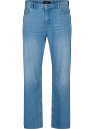 Gerade geschnittene Jeans mit ungesäumten Kanten, Medium Blue, Packshot