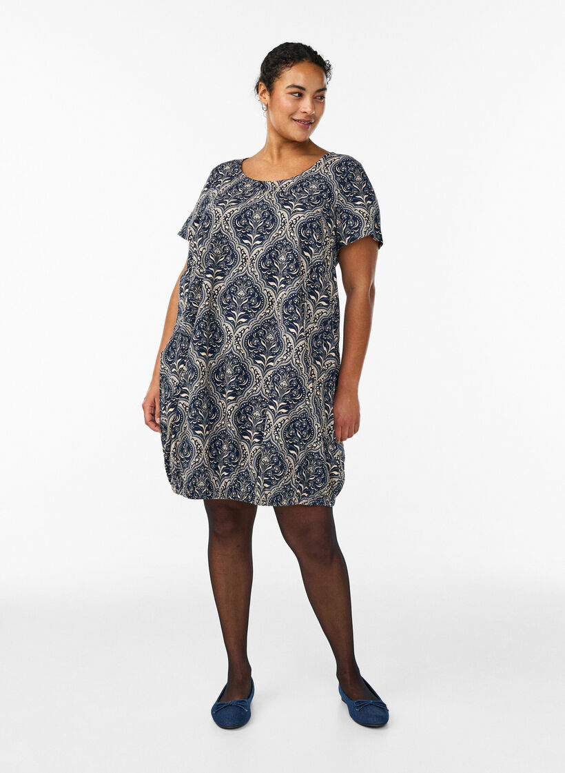 Kurz&auml;rmliges Baumwollkleid mit Print, Blau, Model image number 1