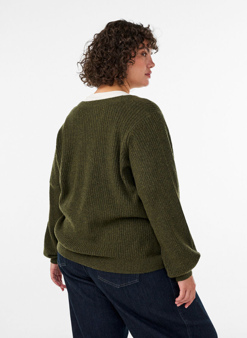 Strickjacke mit V-Ausschnitt und Rippstruktur, Gr&uuml;n, Model image number 2