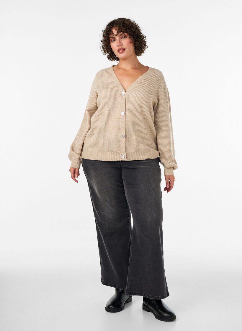 Strickjacke mit V-Ausschnitt und Rippstruktur, Beige, Model image number 1