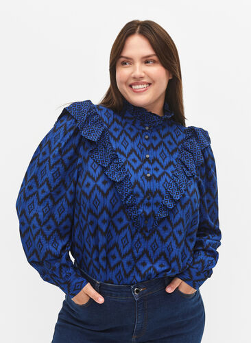 Shirtbluse aus Viskose mit Rüschendetails, True blue w. Black, Model image number 0
