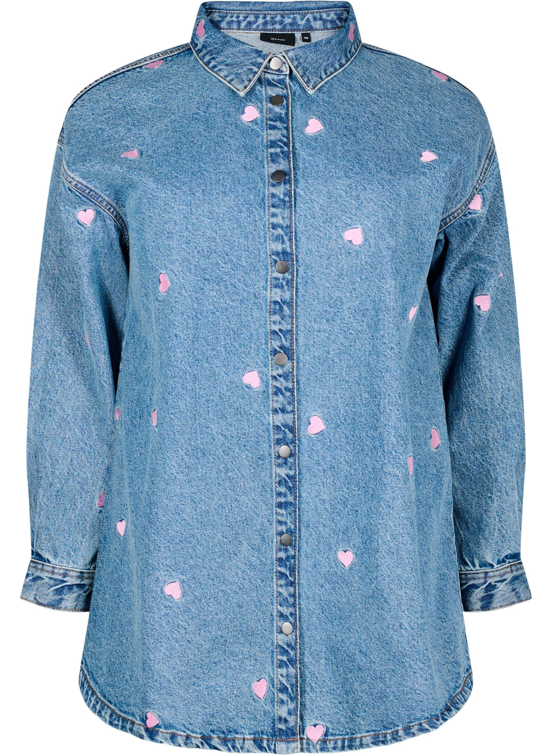 Zizzi Locker geschnittene Jeansbluse mit aufgestickten Herzen, Light Blue Heart, Packshot image number 0
