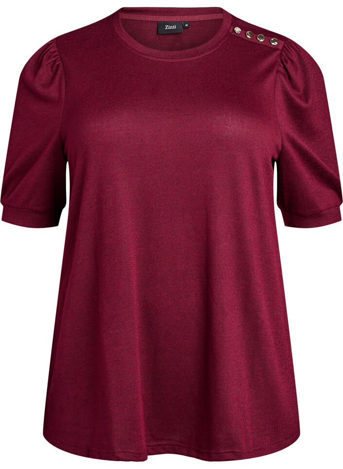 Bluse mit Knopfdetail und kurzen Puff&auml;rmeln, Dunkles Bordeaux, Packshot image number 0