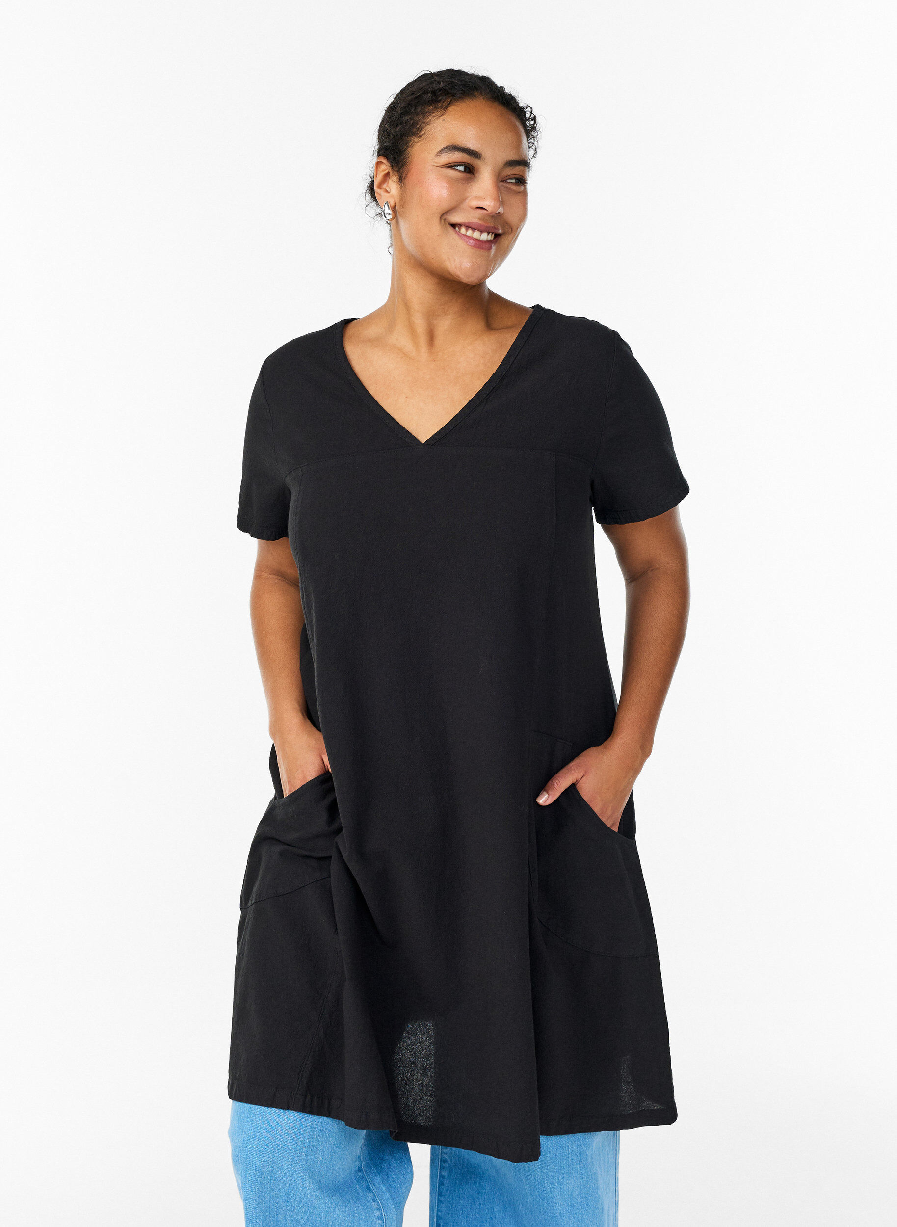Zizzi Kurzarm Kleid aus Baumwolle, Schwarz, Model image number 0