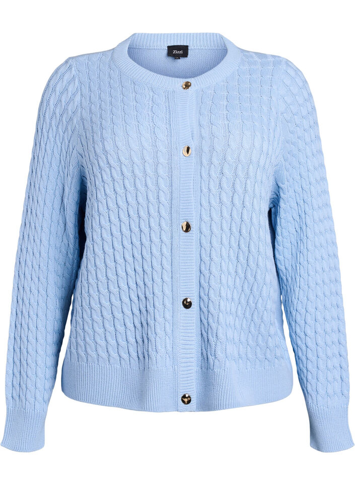 Zopfmuster-Strickjacke mit goldenen Kn&ouml;pfen, Blau, Packshot image number 0
