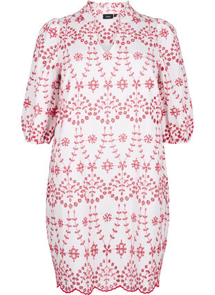 Kleid mit kontrastierender Lochstickerei, White w. Red, Packshot image number 0