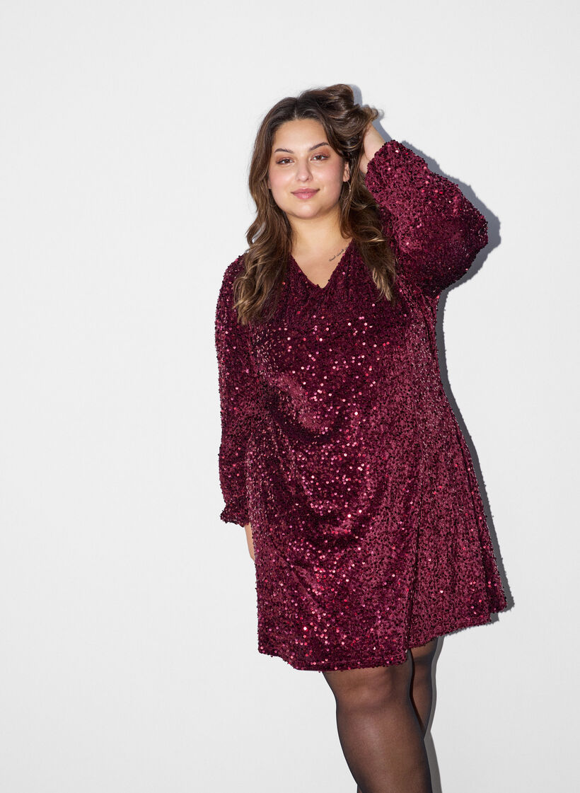 Kurzes Kleid mit Pailletten in A-Linie, Rot, Model image number 0