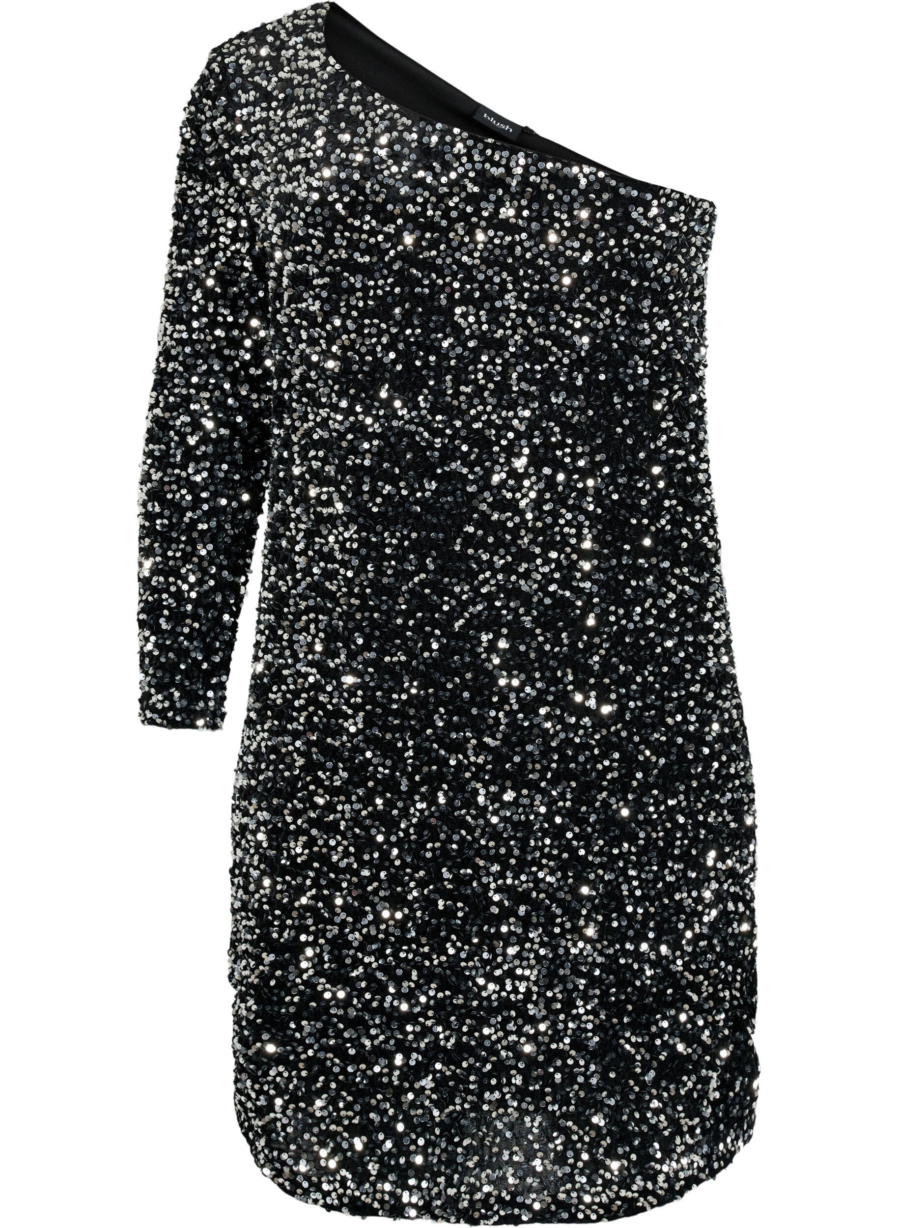 Zizzi Kurzes One-Shoulder-Kleid mit Pailletten, Black/Silver Sequins, Packshot image number 0