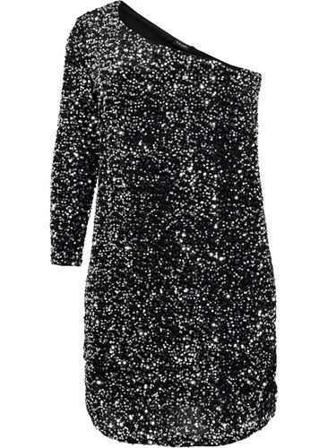 Kurzes One-Shoulder-Kleid mit Pailletten, Black/Silver Sequins, Packshot image number 0