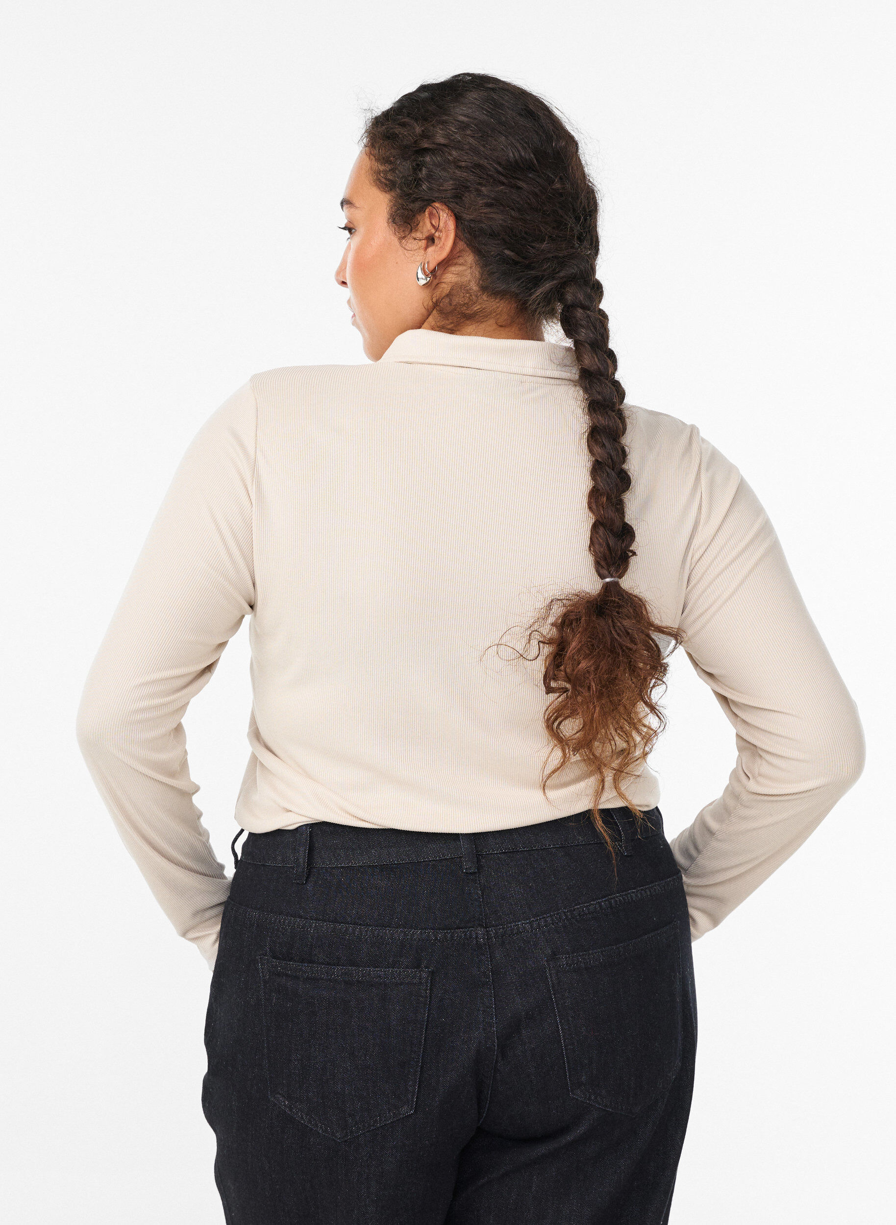 Zizzi Poloshirt aus weichem Ripp mit langen &Auml;rmeln, Beige, Model image number 2