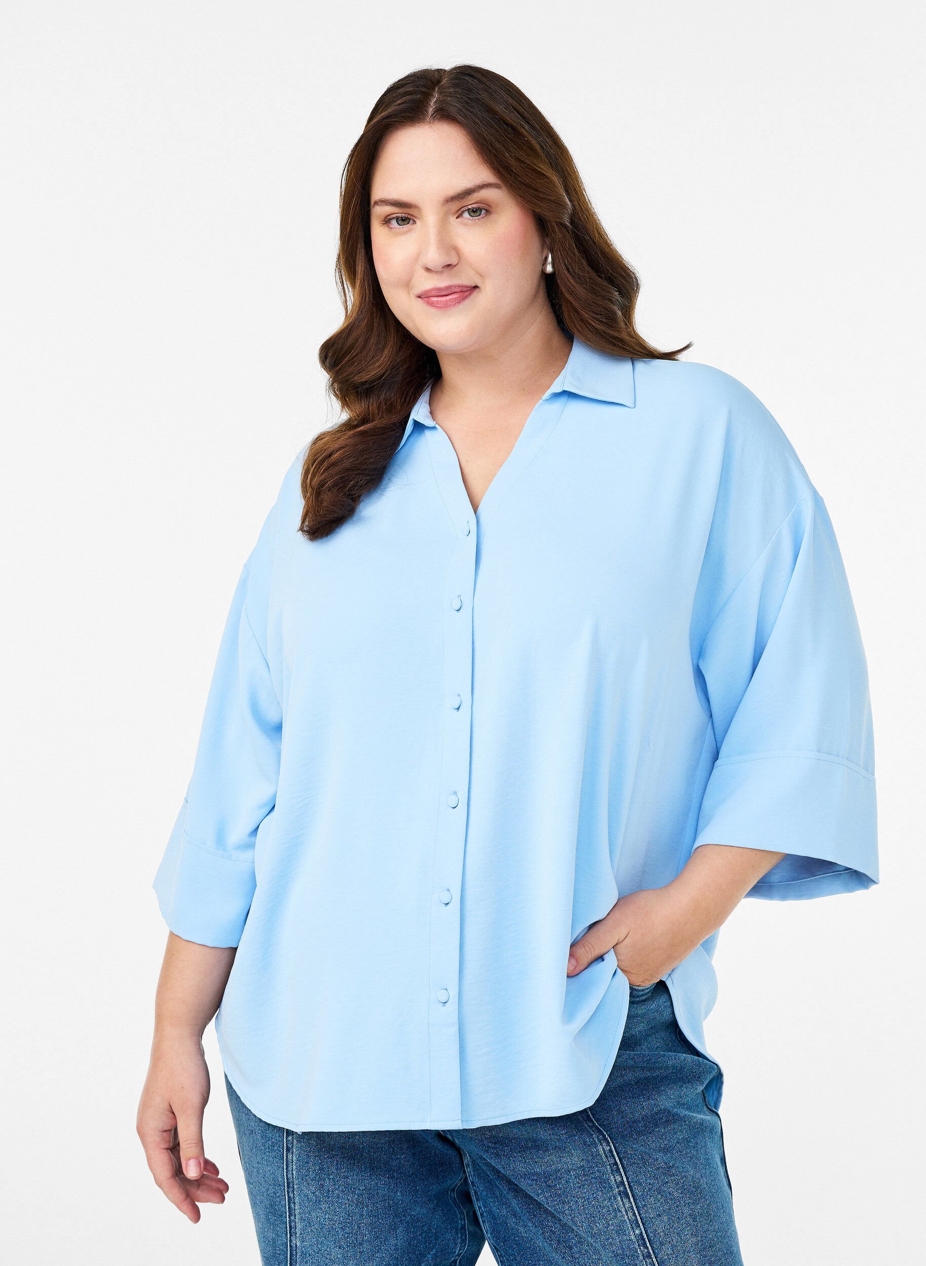Lockere Bluse mit V-Ausschnitt und 3/4-&Auml;rmeln, Blau, Model