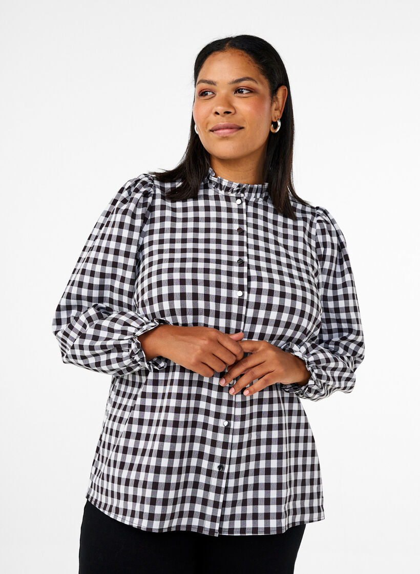 Karierte Bluse mit Rüschendetails, Black/W. Gingham, Model image number 0