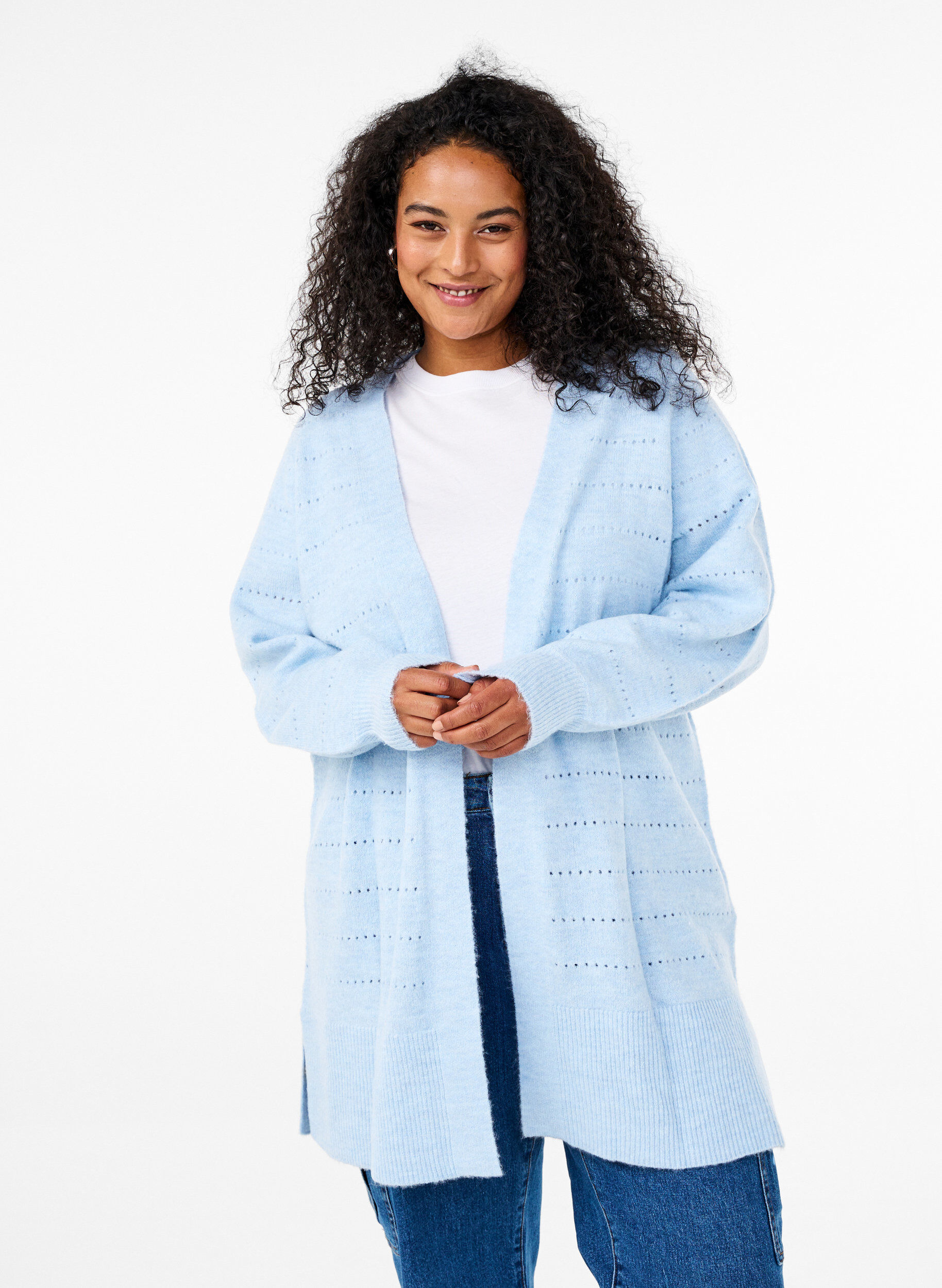 Zizzi Lange Strickjacke aus Strick mit Lochmuster, Cashmere Blue Mel., Model image number 0