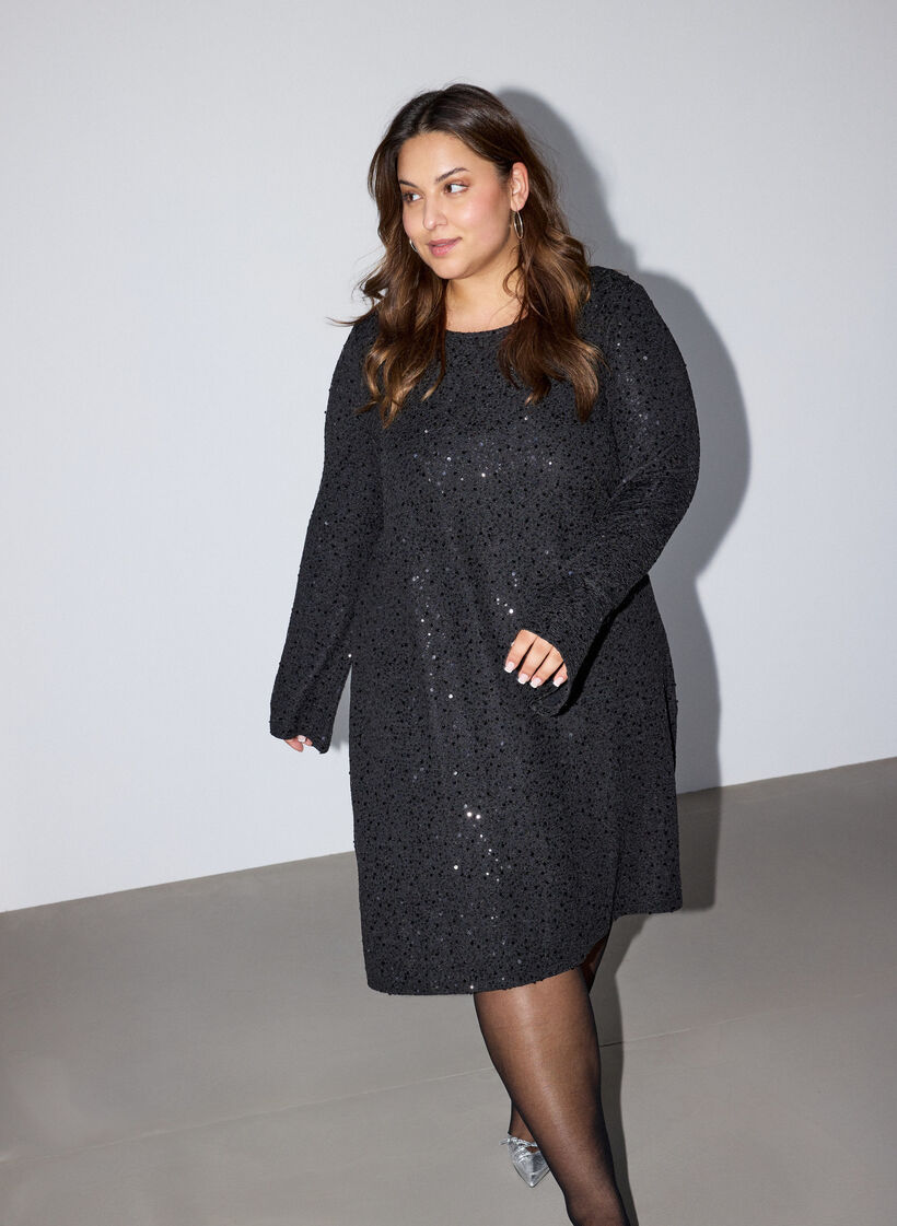 Kurzes Paillettenkleid in A-Linie, Schwarz, Model image number 0