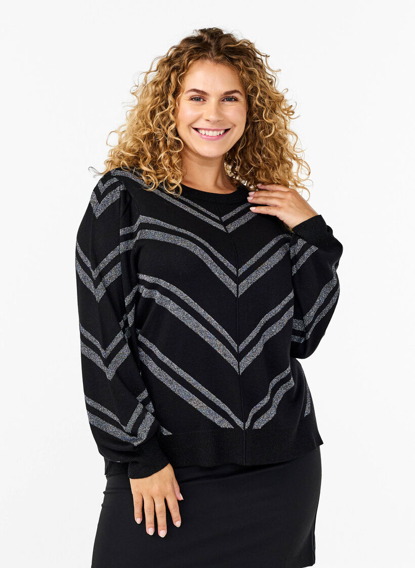 Strickpullover mit Rundhalsausschnitt und Schimmer-Effekt, Black w.S.L.Stripes, Model image number 0