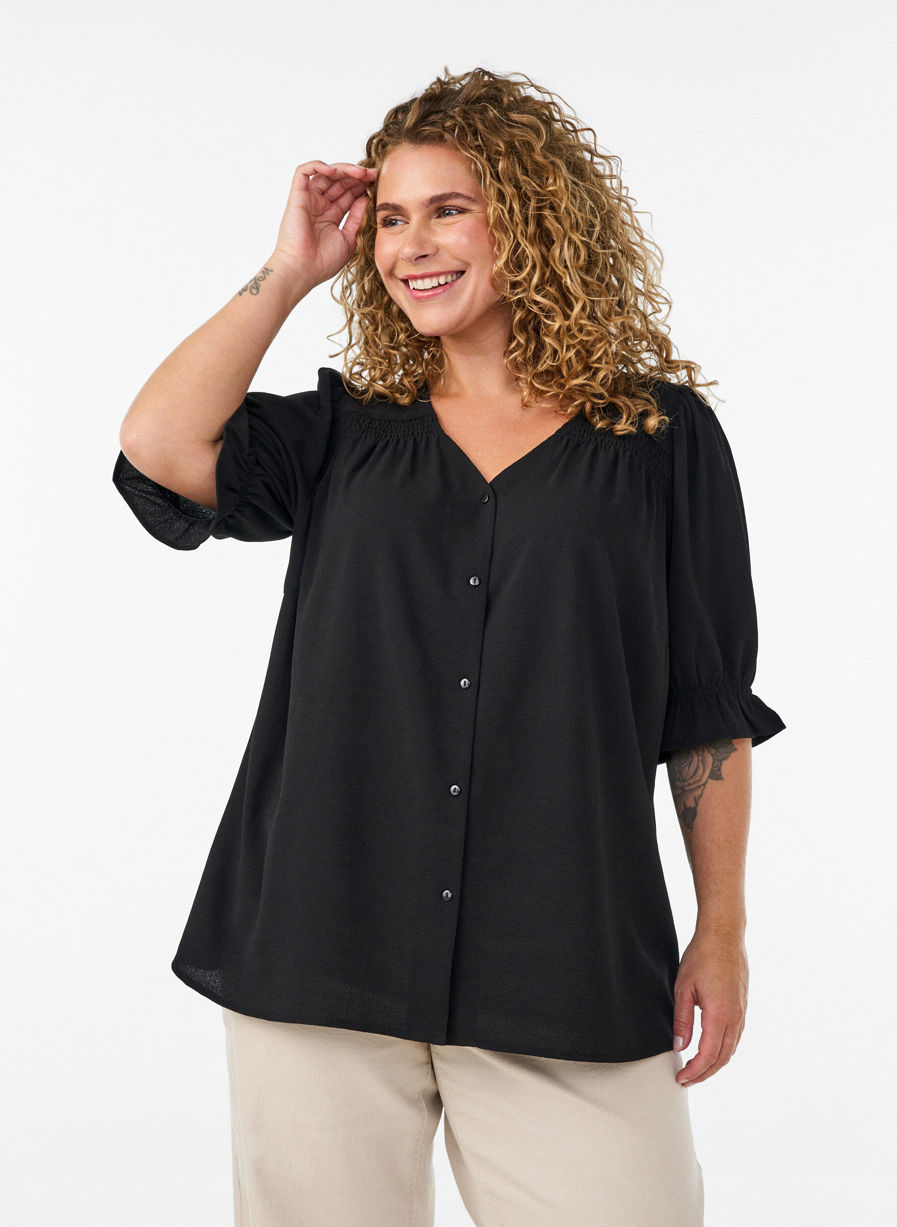 ZizziHemdbluse mit 1/2-&Auml;rmeln, Schwarz, Model image number 0