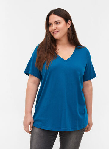 T-Shirt aus Bio-Baumwolle mit V-Ausschnitt, Maroccan Blue, Model image number 0