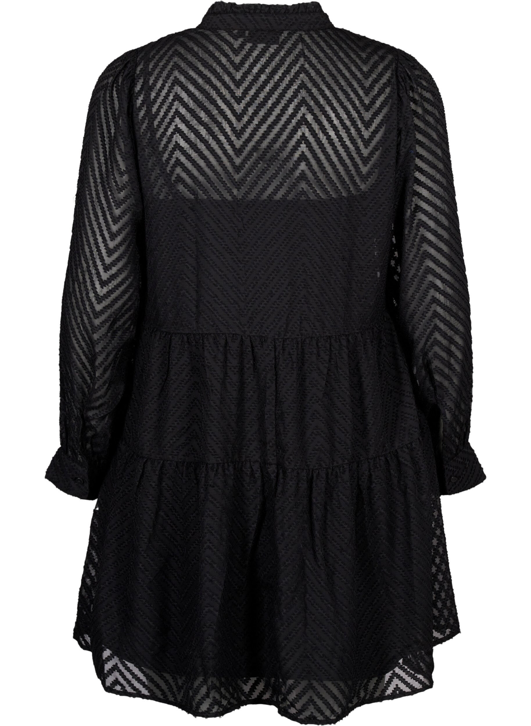 Zizzi Strukturiertes kurzes Kleid mit R&uuml;schenkragen, Black, Packshot image number 1