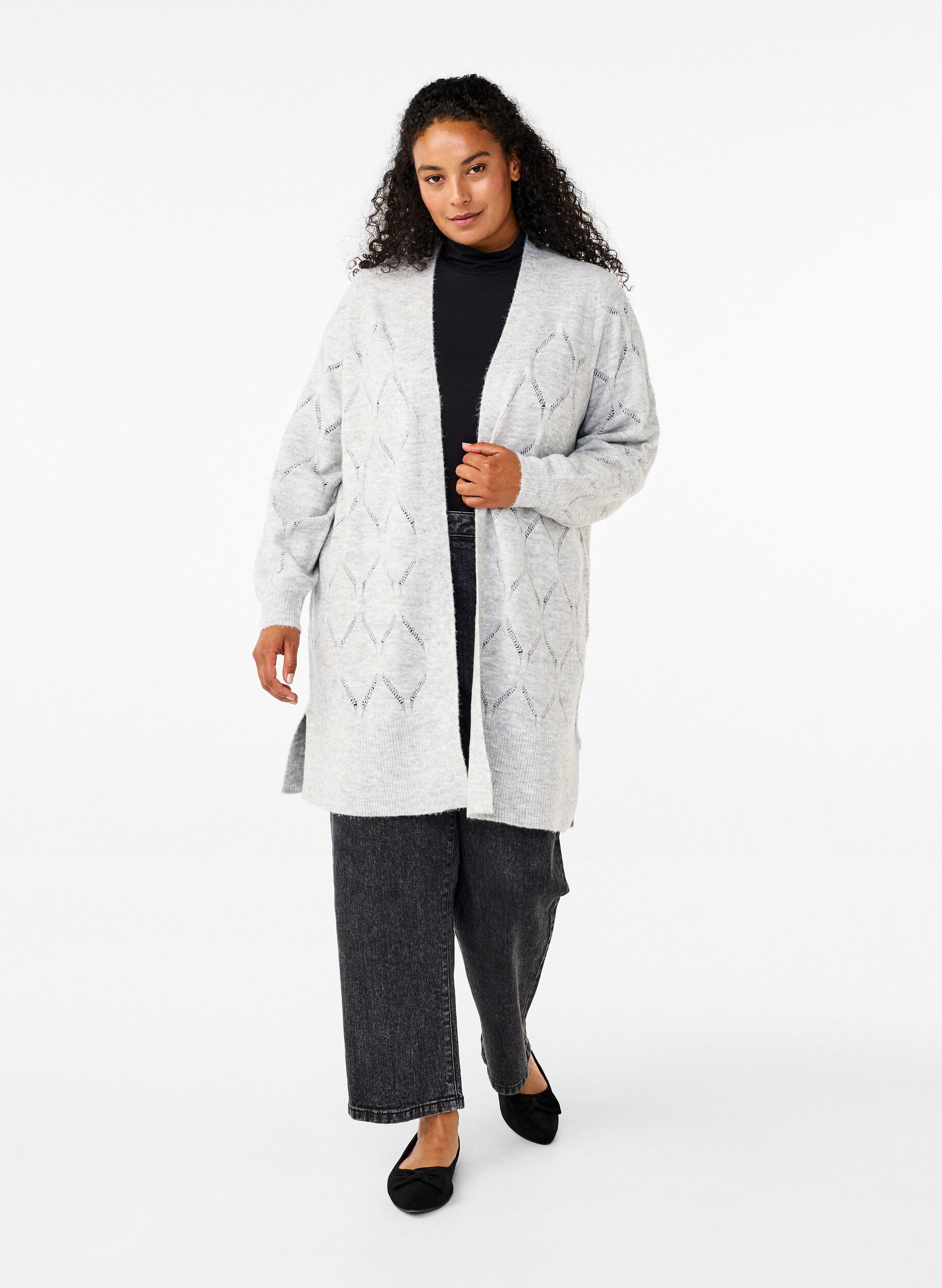 Zizzi Langarm-Strickjacke, Light Grey Melange, Model image number 2