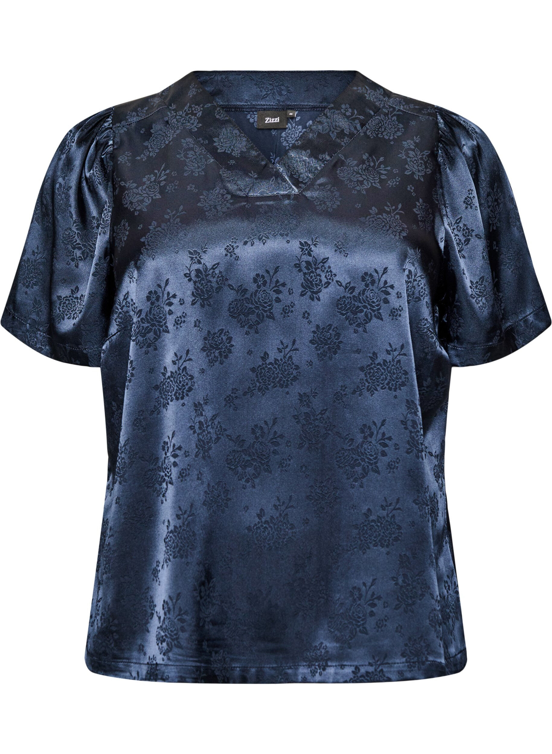 ZizziGebl&uuml;mte Bluse aus Satin mit V-Ausschnitt, Blau, Packshot image number 0