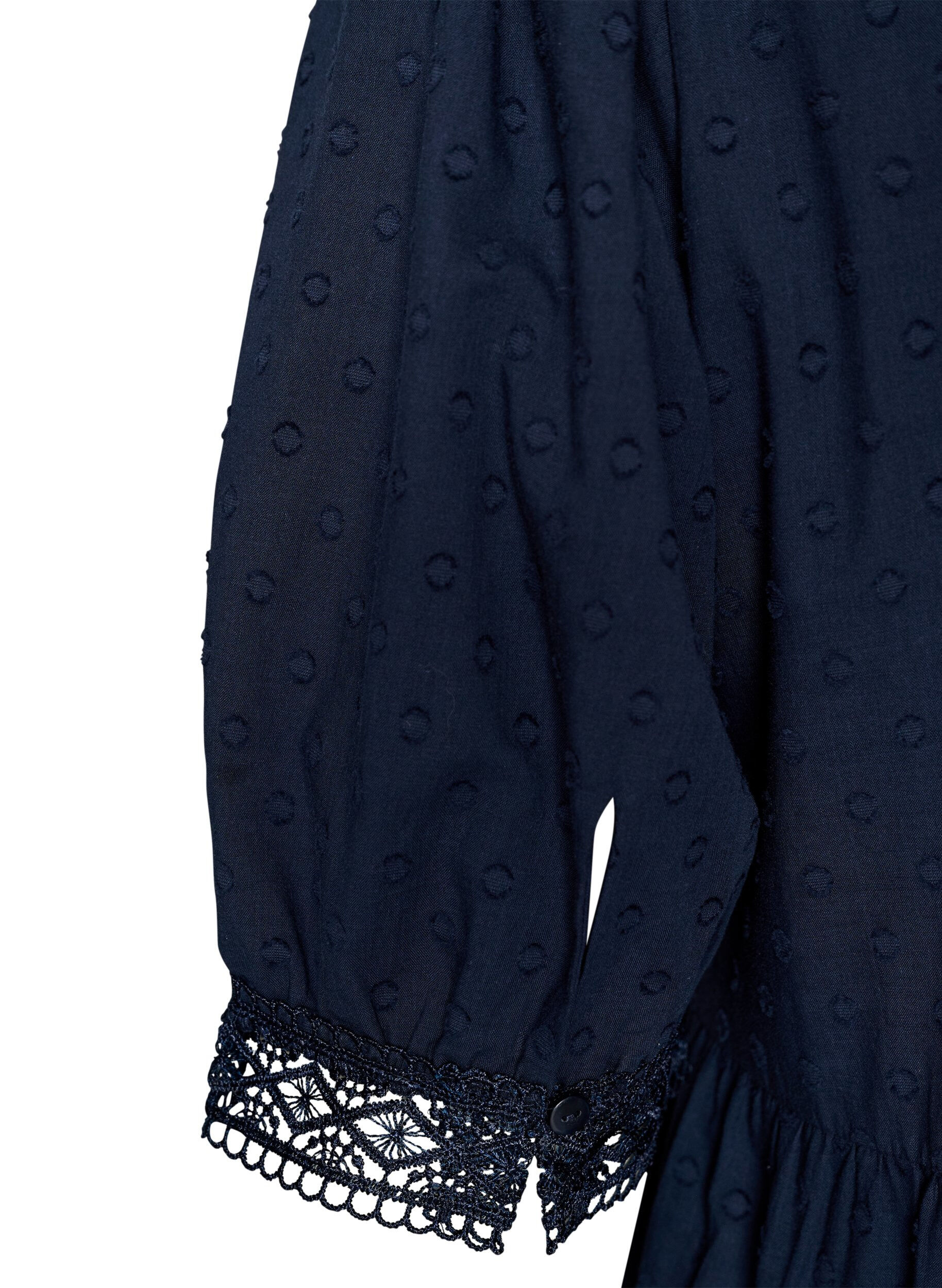 Zizzi Midikleid aus strukturierter Baumwolle mit H&auml;keldetails, Blau, Packshot image number 3