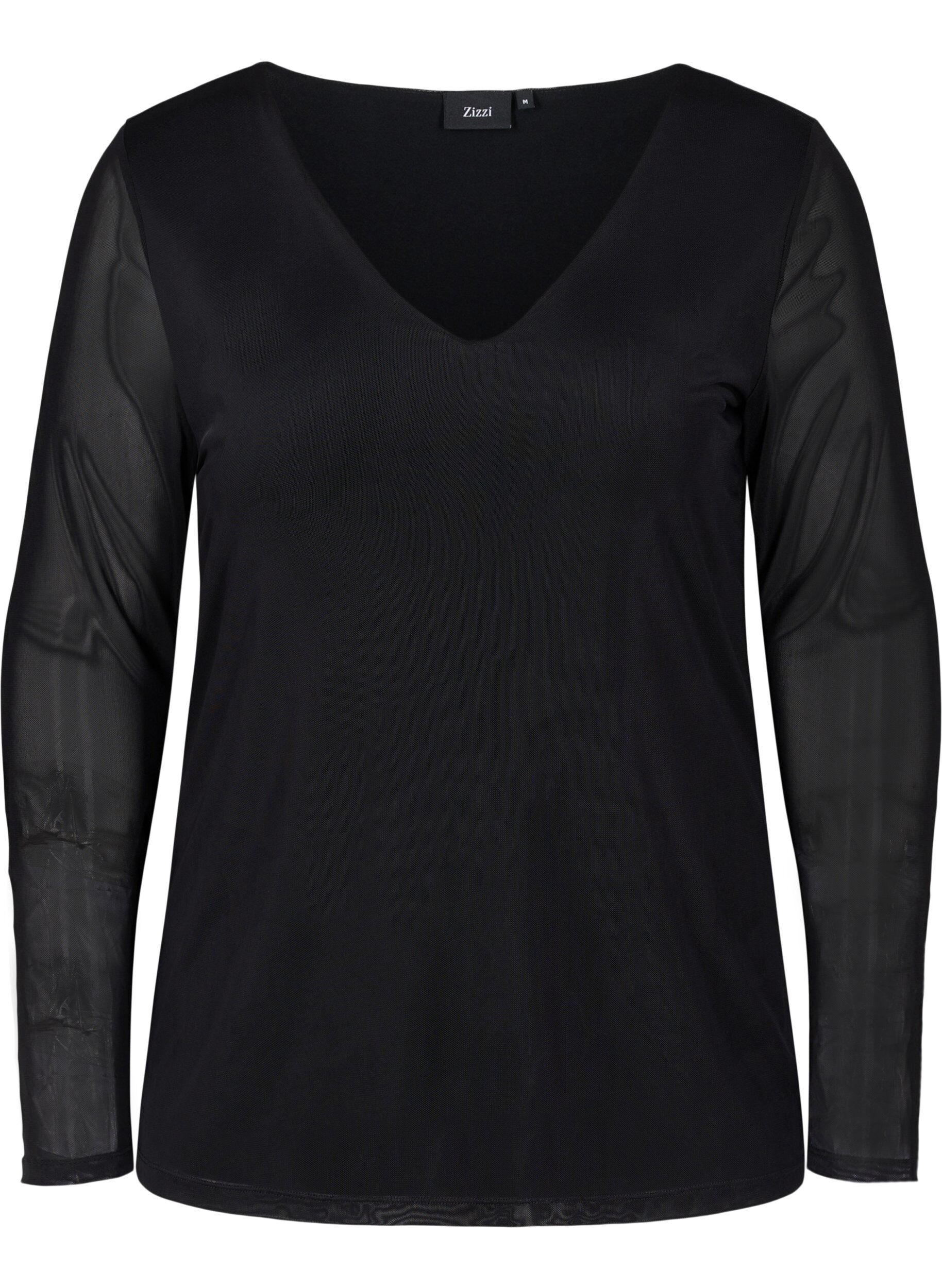 Zizzi Eng anliegende Netzbluse mit V-Ausschnitt, Black, Packshot image number 0