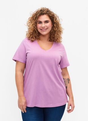 Baumwoll-T-Shirt mit V-Ausschnitt, Lavender Herb, Model image number 0