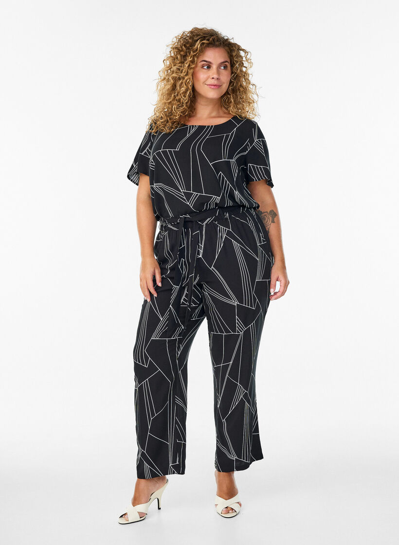 Kurz&auml;rmelige Bluse aus Viskose mit Print, Schwarz, Model image number 1