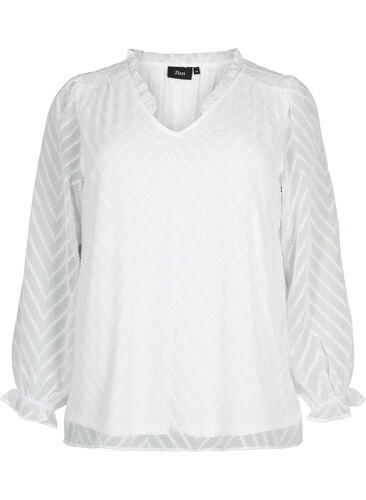 Bluse mit langen Ärmeln und Rüschendetails, Bright White, Packshot image number 0