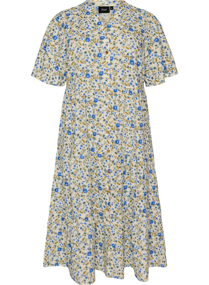 Baumwoll-Midikleid mit Blumenprint, Blau, Packshot image number 0