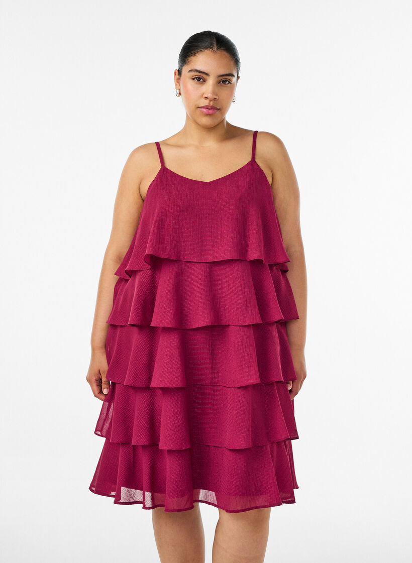 Lagenkleid mit R&uuml;schen und Spaghettitr&auml;gern, Rot, Model image number 0