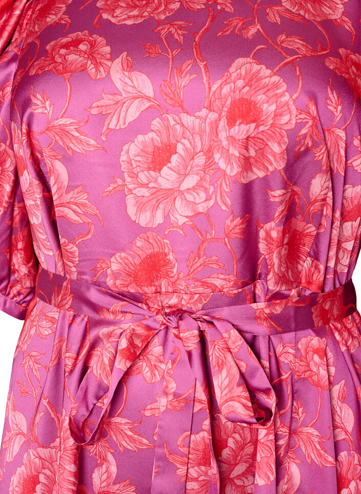 Gebl&uuml;mtes Kleid mit Puff&auml;rmeln und Bindeg&uuml;rtel, Pink, Packshot image number 2