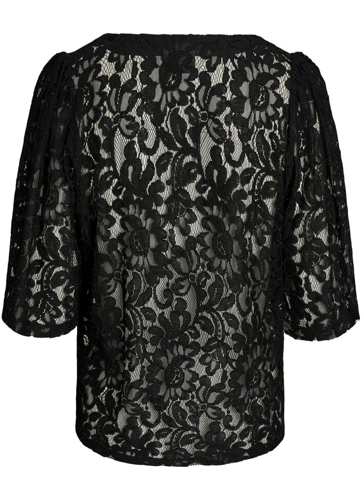 Kurz&auml;rmelige Spitzenbluse mit V-Ausschnitt, Schwarz, Packshot image number 1