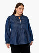 Gestreifte Jeansbluse mit Schleife vorne, Blau, Model image number 0